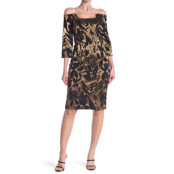Trina Turk Metallic Jacquard Off-the-Shoulder Sumire Dress Size 4 – Black & Gold - Picture 14 of 14